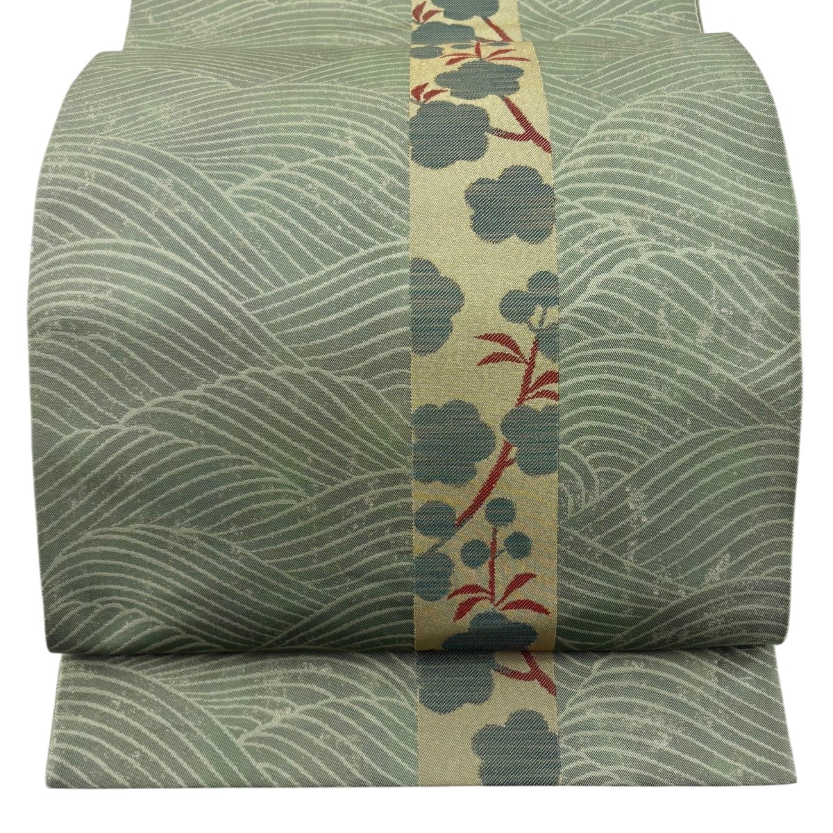 【美品】 袋帯 秀品 枝梅 波 金糸 箔 薄緑 六通 正絹 【中古】