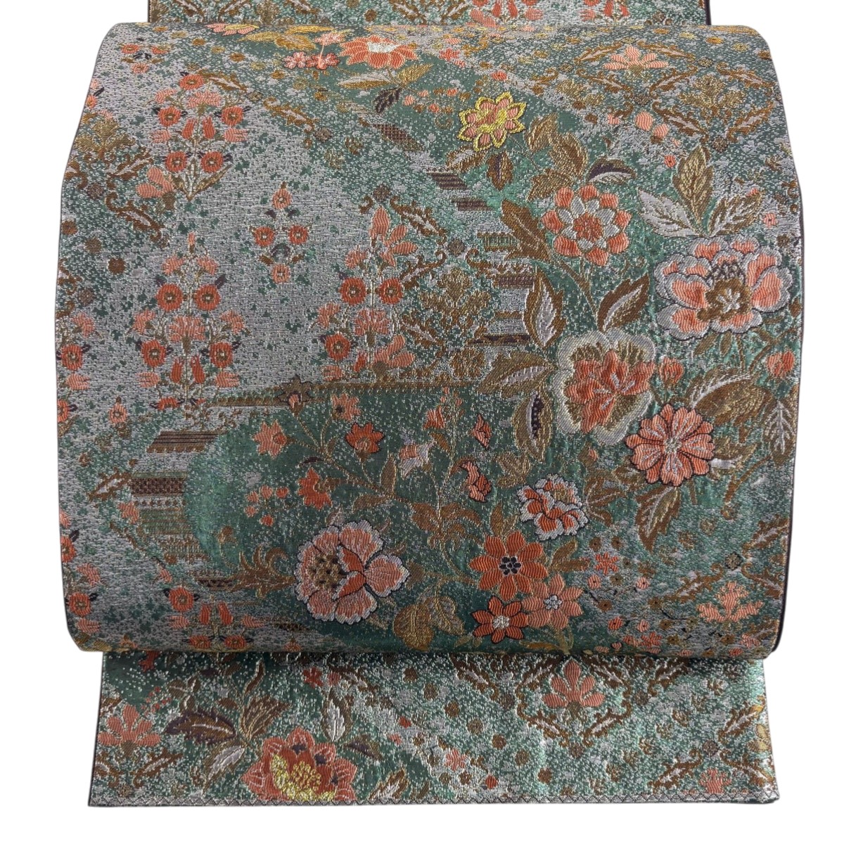 【美品】 袋帯 秀品 草花 金銀糸 刺繍 灰緑 六通 正絹 【中古】