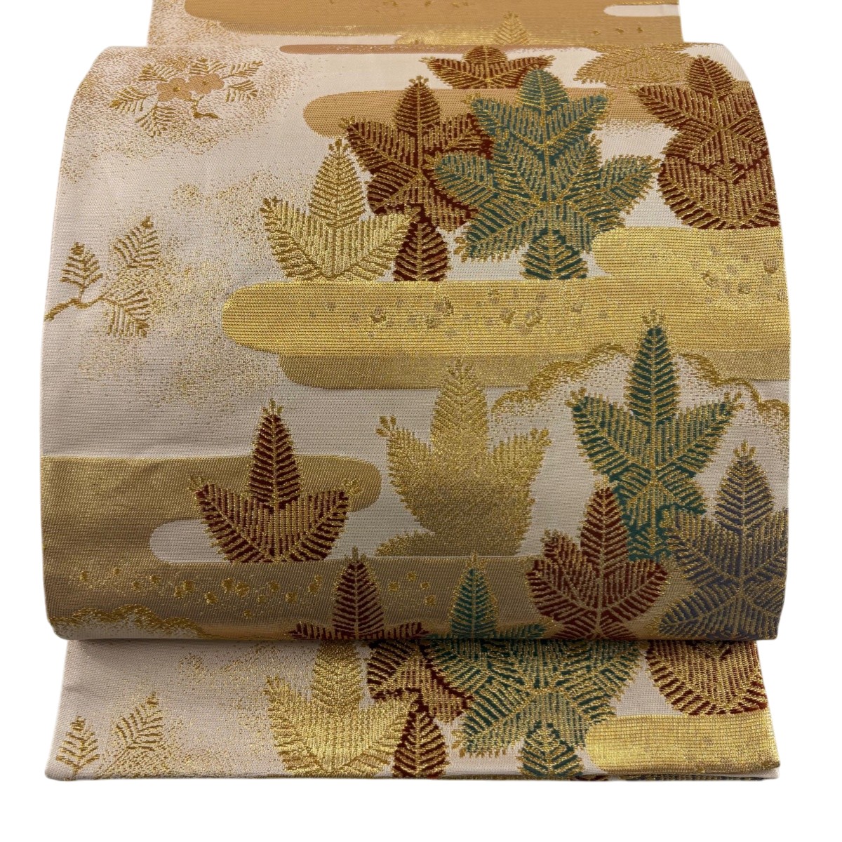 【美品】 袋帯 秀品 若松 ヱ霞 金糸 箔 ベージュ 六通 正絹 【中古】