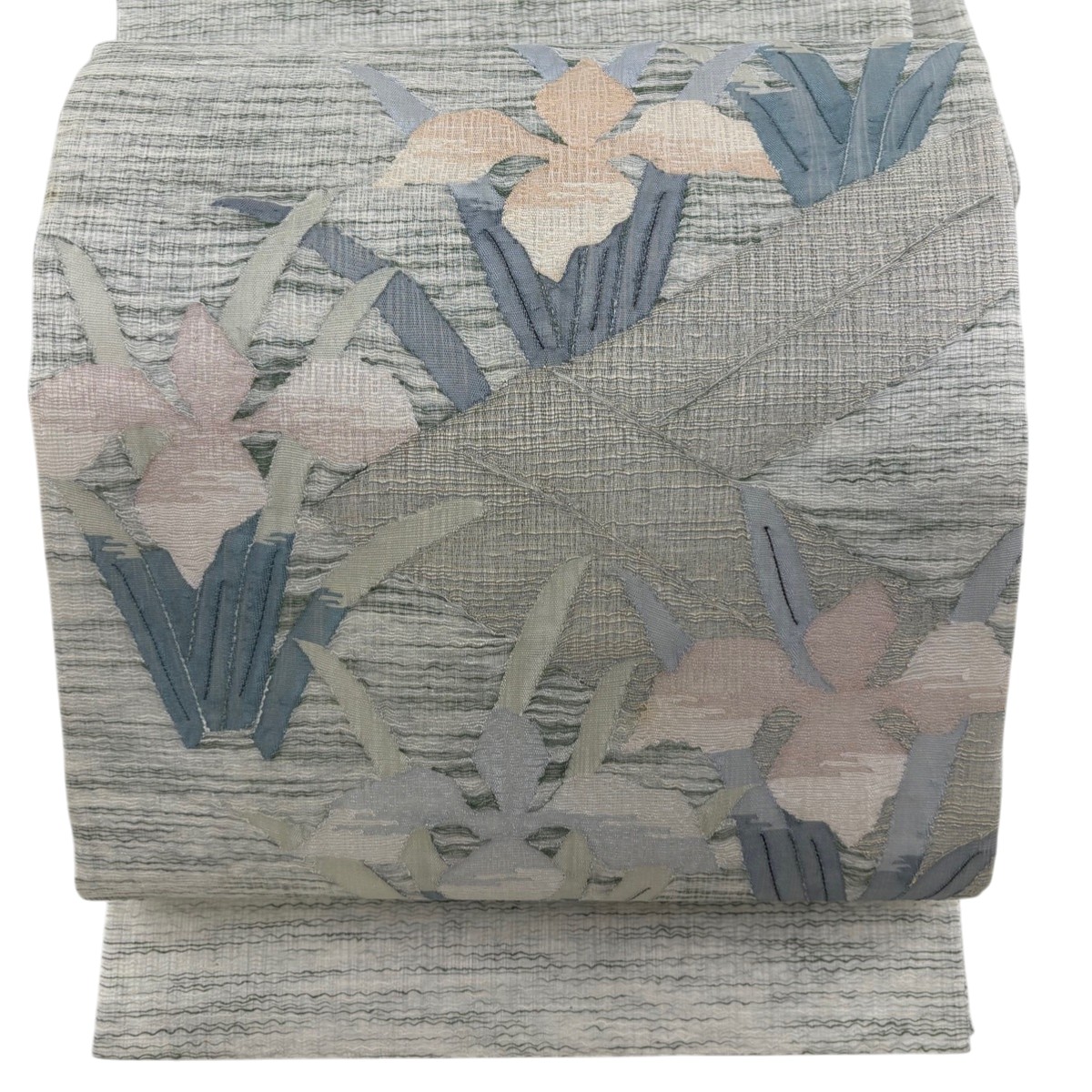 袋帯 秀品 夏帯 菖蒲 八橋 金糸 灰緑 お太鼓柄 正絹 【中古】