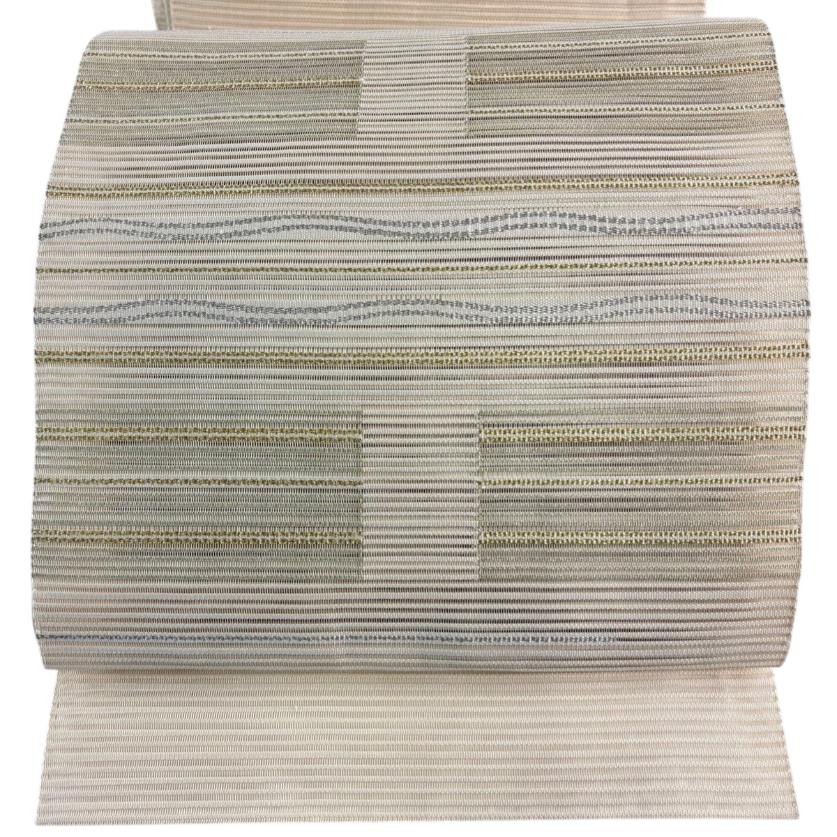 【美品】 名古屋帯 秀品 夏帯 絽 八寸名古屋帯 松葉仕立て 縞 よろけ縞 金銀糸 ベージュ 正絹 【中古】