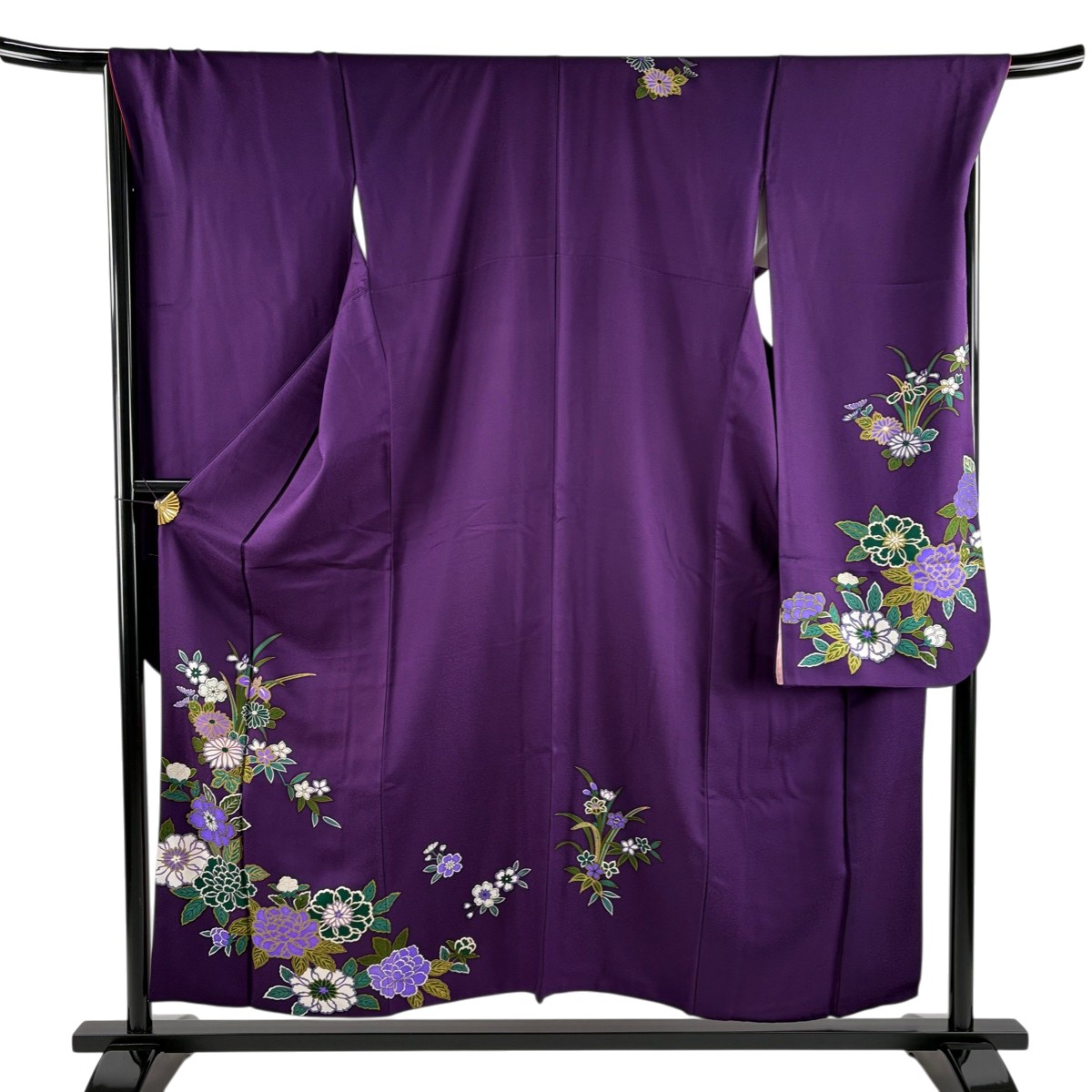 振袖 身丈155cm 裄丈69.5cm L 袷 草花 菊 金彩 紫 正絹 秀品 【中古】