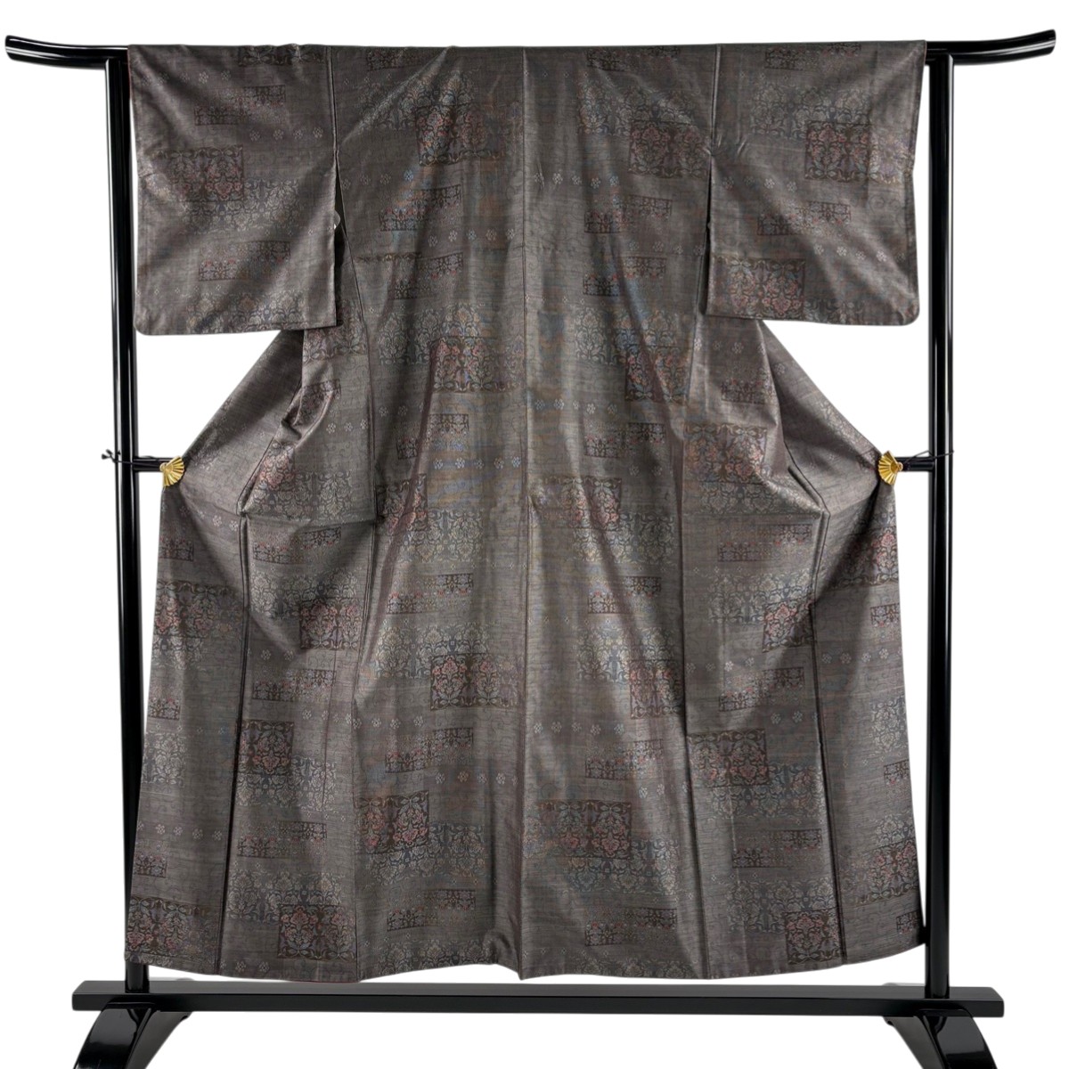【美品】 紬 身丈155cm 裄丈62.5cm S 袷 草花 唐草 灰茶 正絹 秀品 【中古】