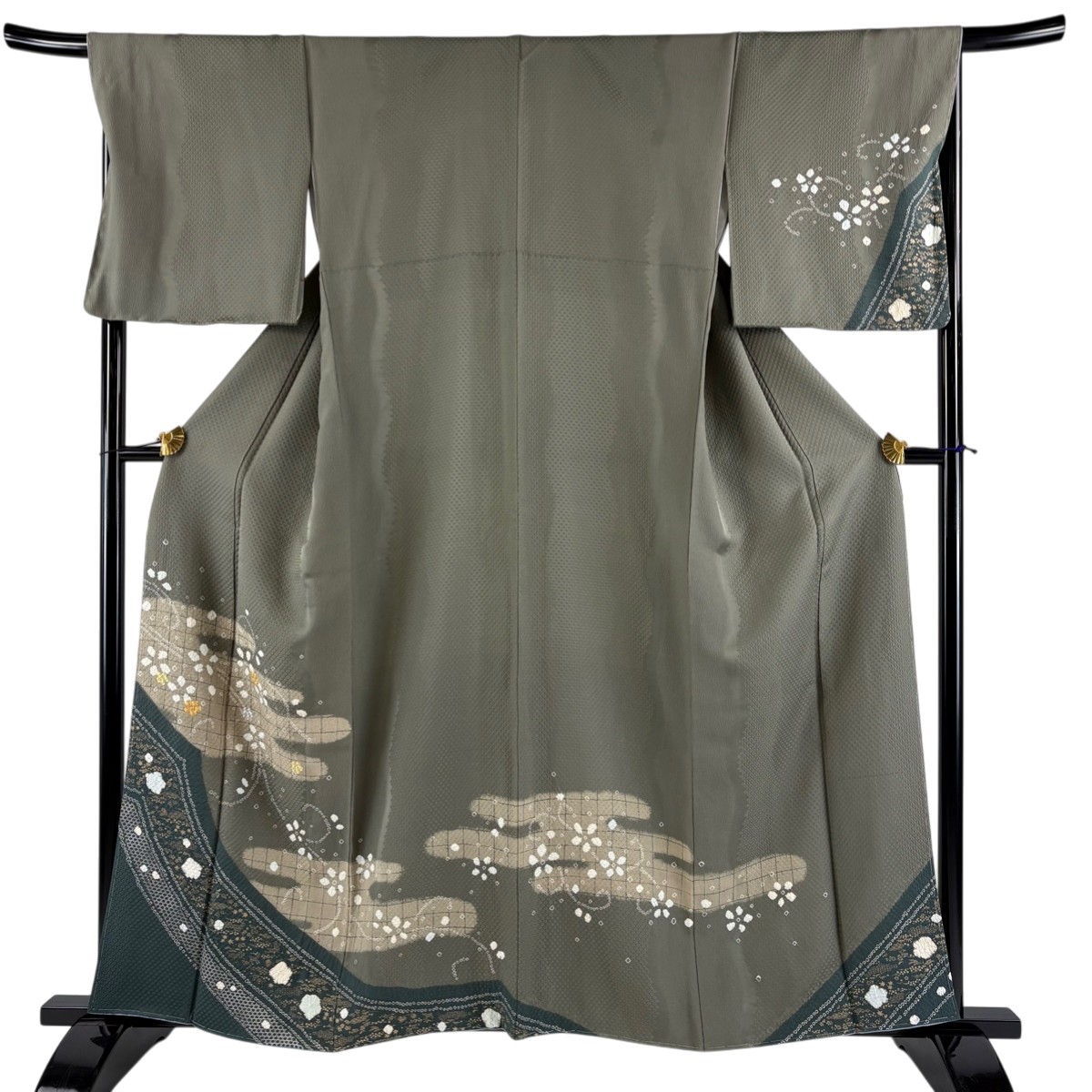 付下げ 身丈160cm 裄丈67.5cm L 袷 花唐草 ヱ霞 金銀糸 絞り 鶯色 正絹 秀品 【中古】