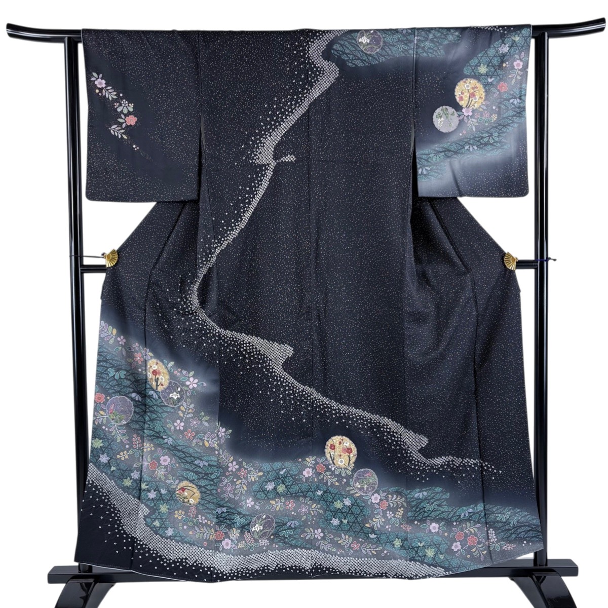 訪問着 身丈156cm 裄丈62cm S 袷 雪輪 草花 金彩 ぼかし 黒 正絹 秀品 【中古】