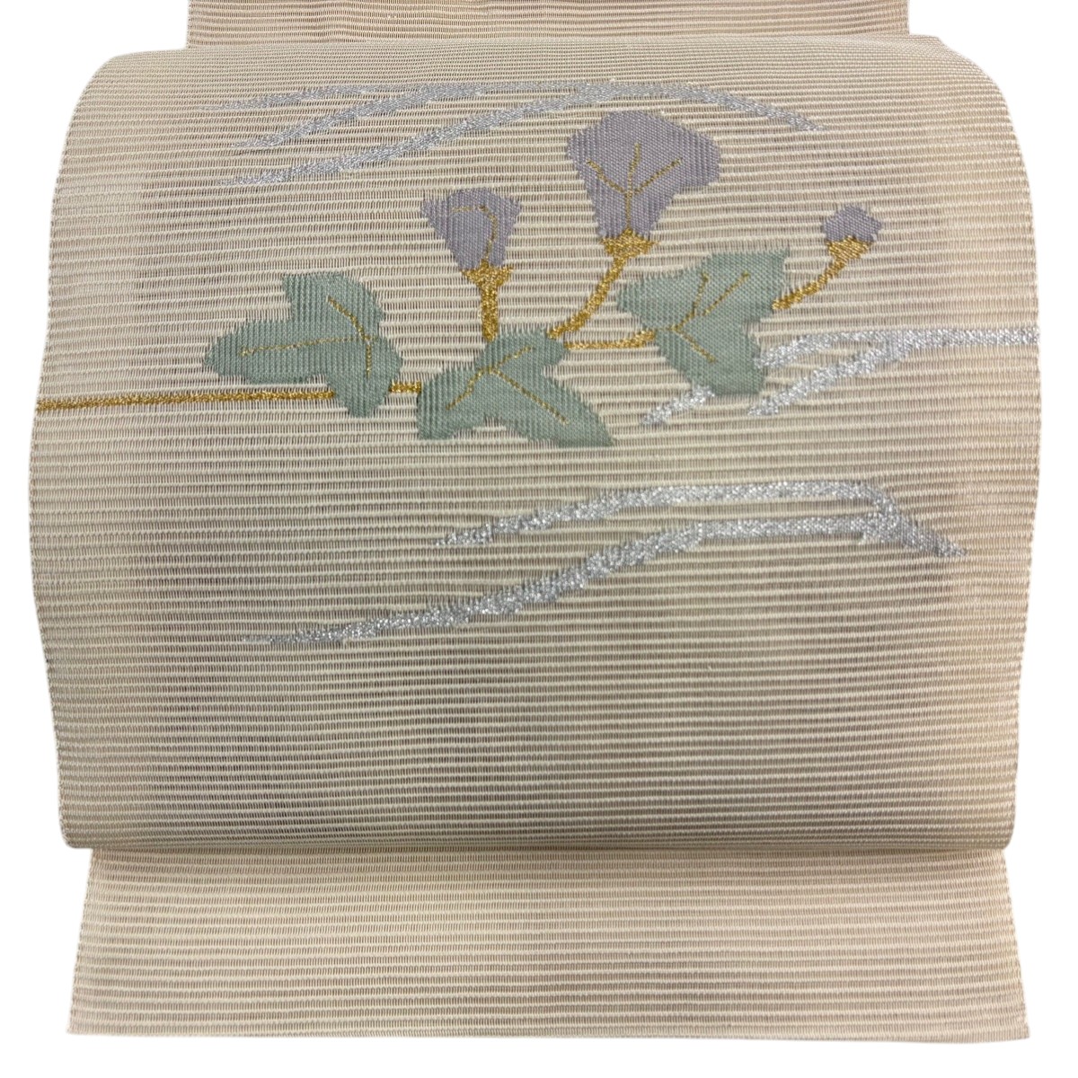 名古屋帯 秀品 夏帯 絽 八寸名古屋帯 松葉仕立て 草花 金銀糸 ベージュ 正絹 【中古】