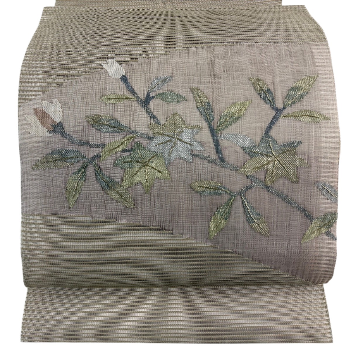 【美品】 名古屋帯 秀品 夏帯 絽 八寸名古屋帯 草花 金糸 灰茶 正絹 【中古】