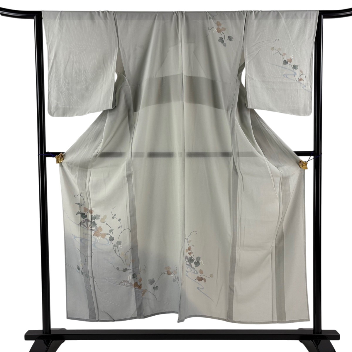 付下げ 身丈153cm 裄丈64.5cm M 薄物 絽 片輪車 葡萄 ぼかし 灰緑 正絹 秀品 【中古】
