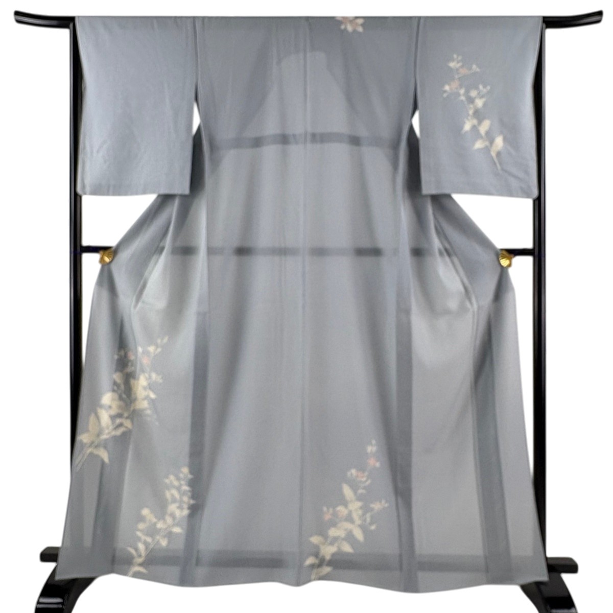 付下げ 身丈164.5cm 裄丈65.5cm M 薄物 絽 草花 銀彩 青灰色 正絹 秀品 【中古】