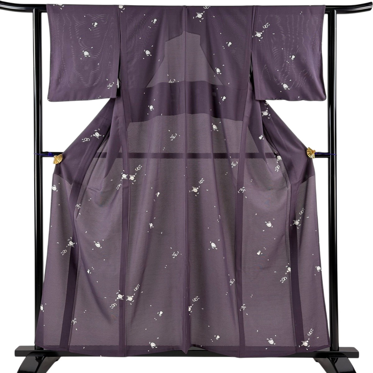 【美品】 小紋 身丈157.5cm 裄丈61.5cm S 薄物 絽 茶道具 花びら 紫 正絹 秀品 【中古】