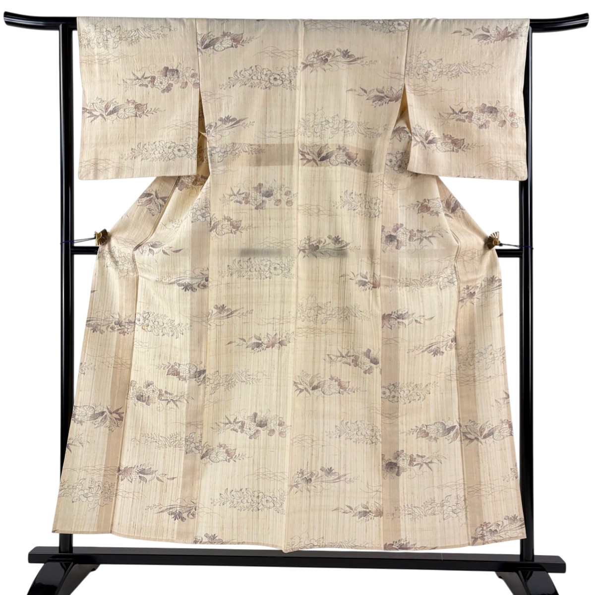 小紋 身丈155cm 裄丈64cm M 単衣 紬地 草花 芝 ベージュ 正絹 秀品 【中古】