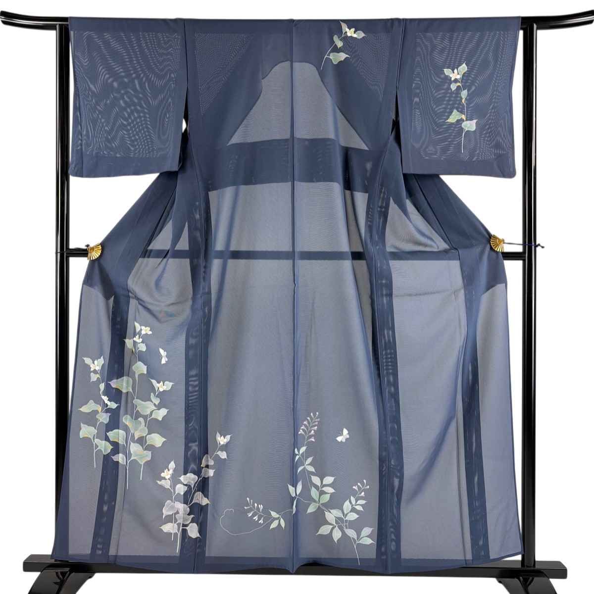 付下げ 身丈158cm 裄丈63cm S 袷 絽 草花 蝶 紺色 正絹 秀品 【中古】|詳細画像