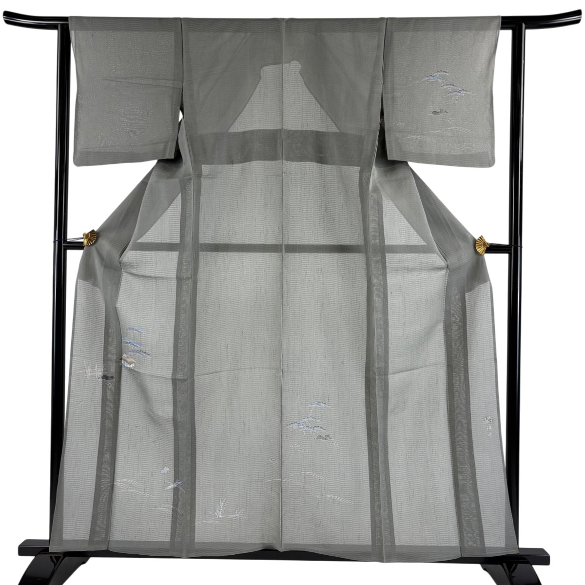 【美品】 付下げ 身丈157cm 裄丈62cm S 薄物 夏紬地 落款あり 家屋 舟 灰緑 正絹 秀品 【中古】