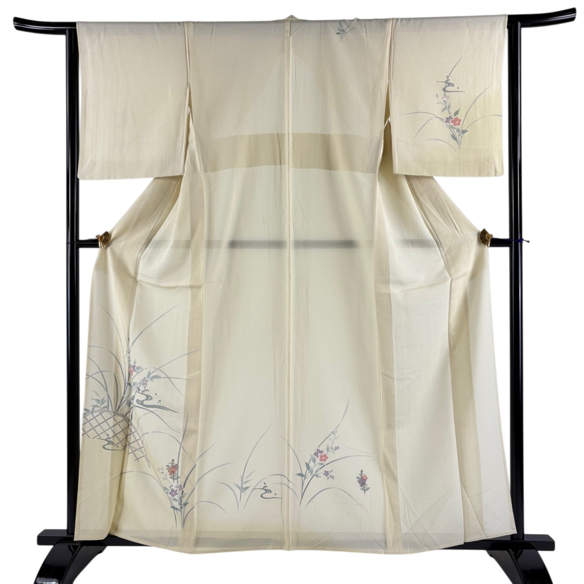 付下げ 身丈159.5cm 裄丈63cm S 薄物 絽 桔梗 光悦垣 薄黄 正絹 秀品 【中古】