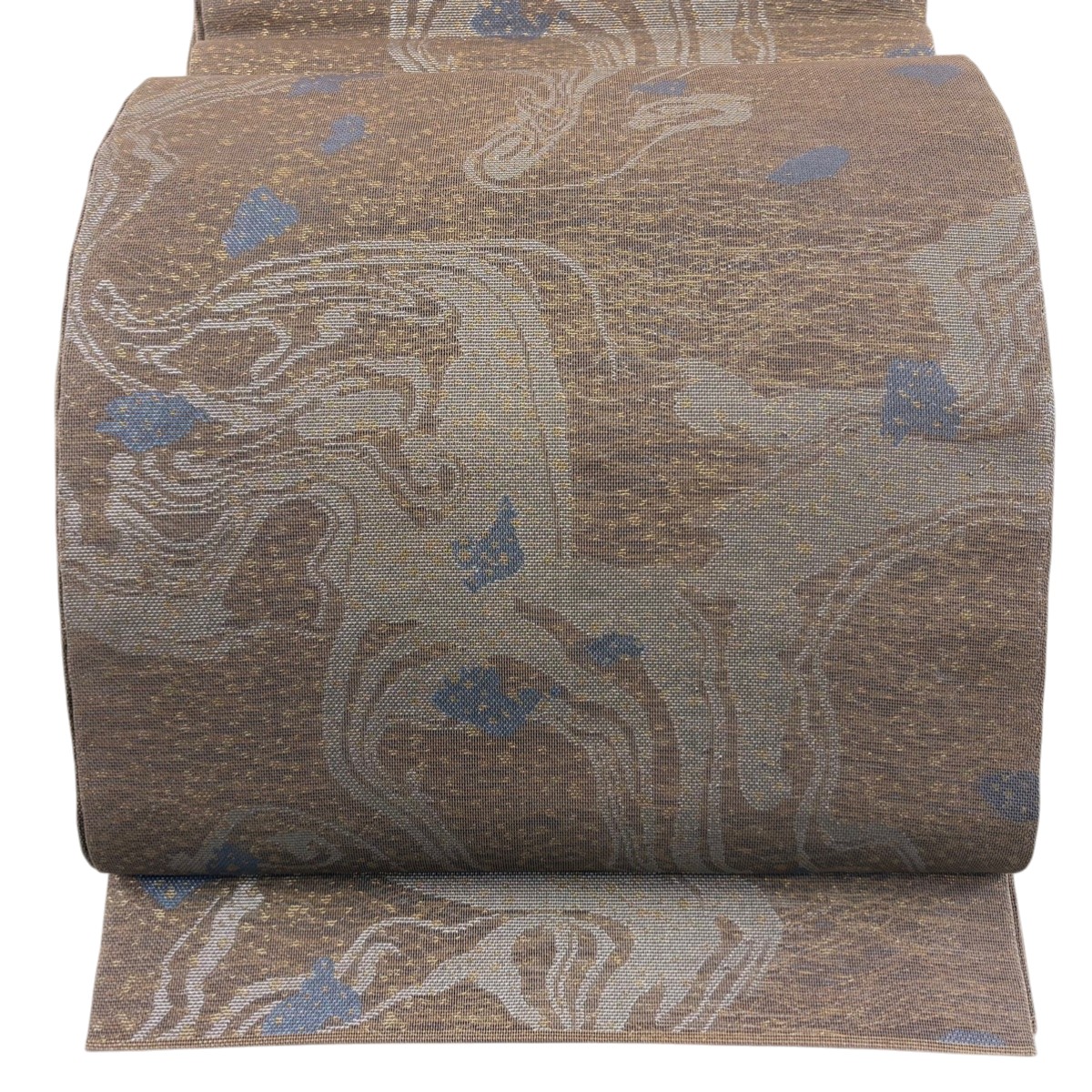 【美品】 袋帯 秀品 織悦 落款あり 夏帯 関西仕立て 墨流し 幾何学 箔 茶色 全通 正絹 【中古】