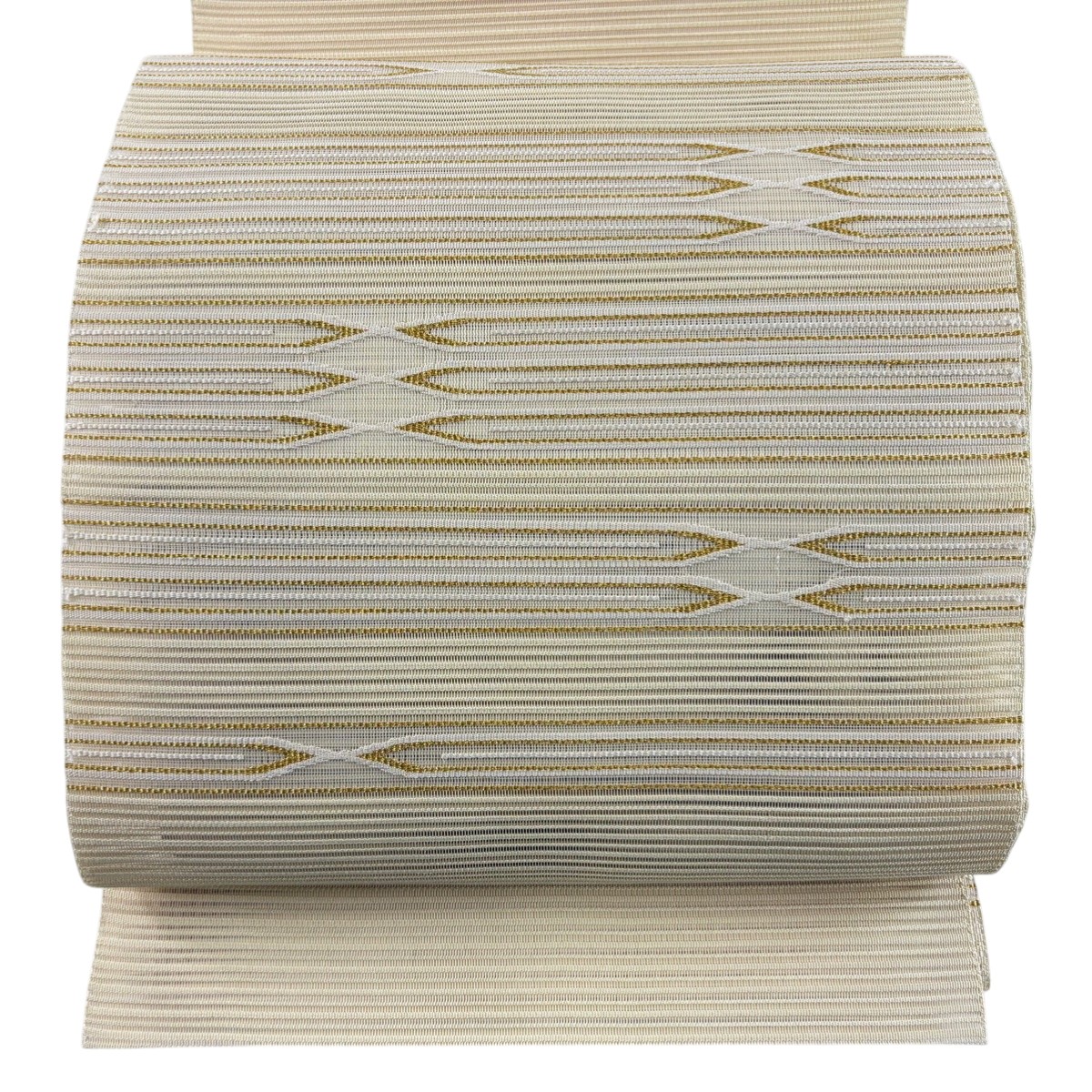 【美品】 名古屋帯 秀品 八寸名古屋帯 松葉仕立て 夏帯 絽 トンネル仕立て 幾何学 金糸 ベージュ 正絹 【中古】