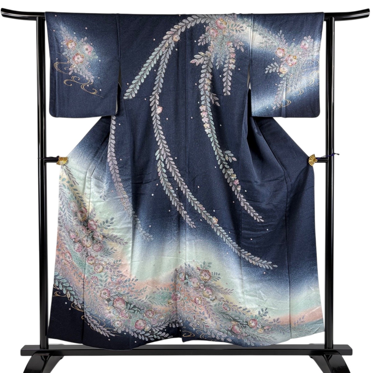 訪問着 身丈155cm 裄丈62.5cm S 袷 辻が花 流水 金彩 ぼかし 紺色 正絹 逸品 【中古】