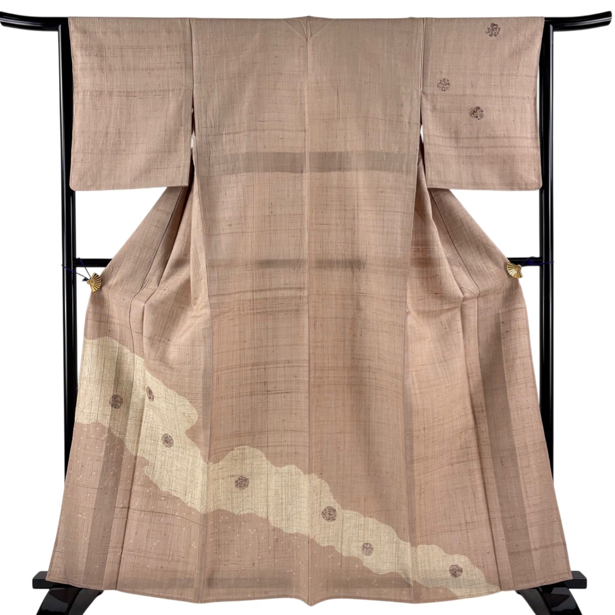 【美品】 訪問着 身丈163cm 裄丈63.5cm S 単衣 紬地 葉柄 草花 染め分け 絞り 薄小豆 正絹 秀品 【中古】