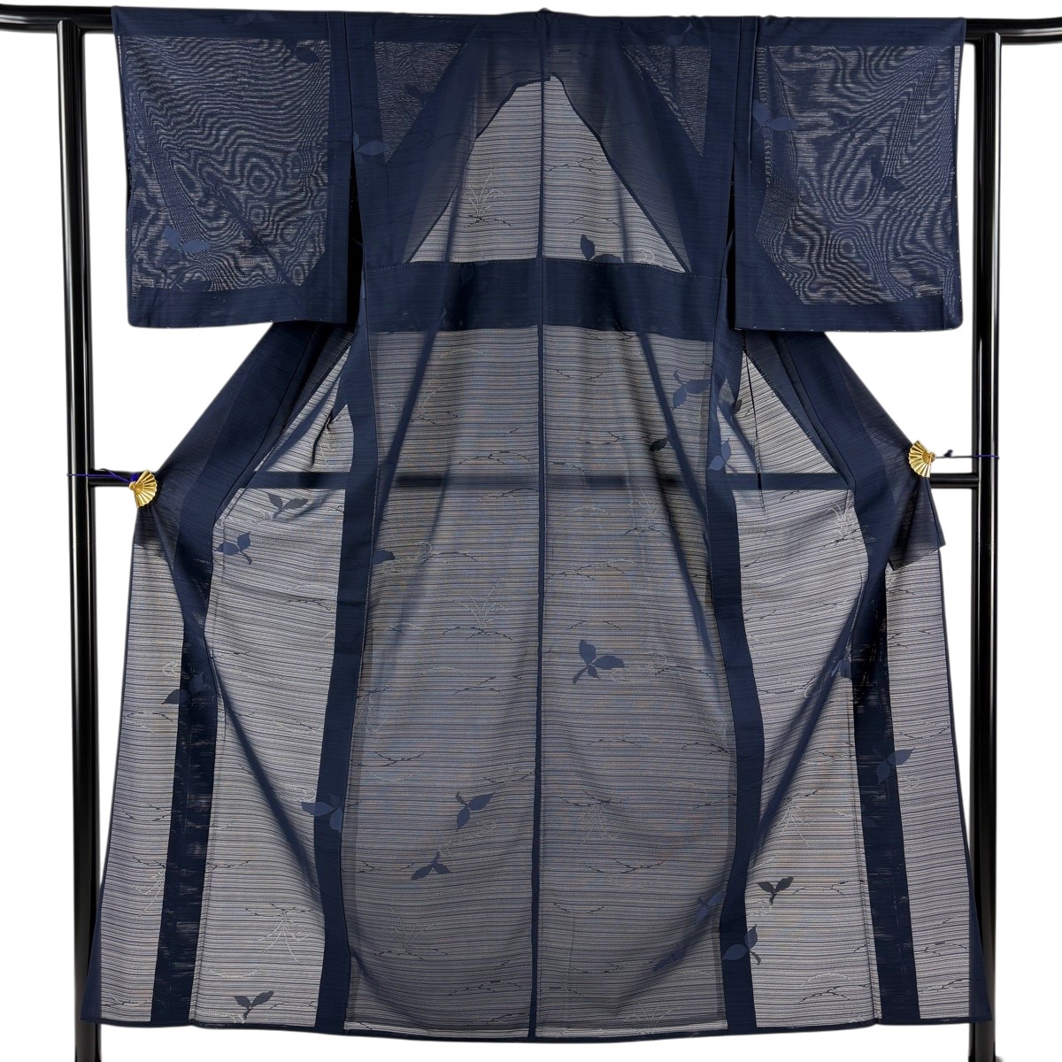 【美品】 小紋 身丈154cm 裄丈61cm S 薄物 絽 葉柄 紺色 正絹 秀品 【中古】