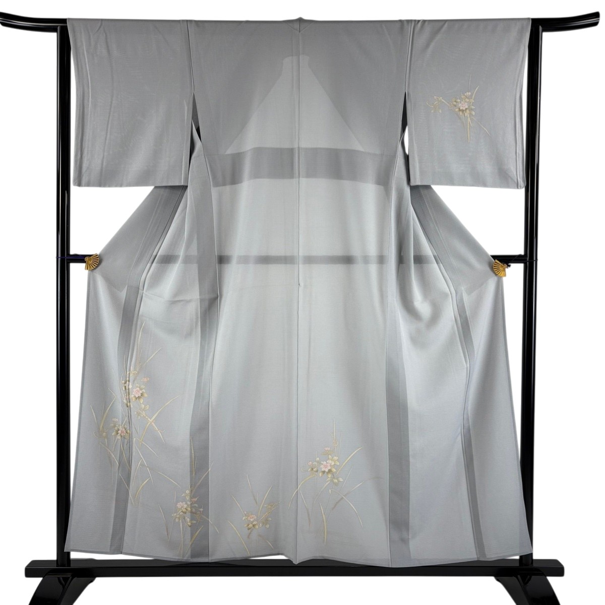 付下げ 身丈155.5cm 裄丈62.5cm S 薄物 絽 草花 銀彩 灰色 正絹 秀品 【中古】