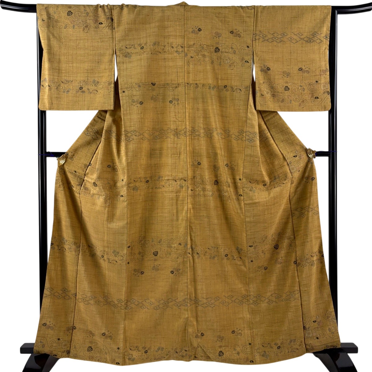 【美品】 付下げ 身丈163.5cm 裄丈65.5cm M 袷 紬地 草花 菱 薄黄土色 正絹 秀品 【中古】