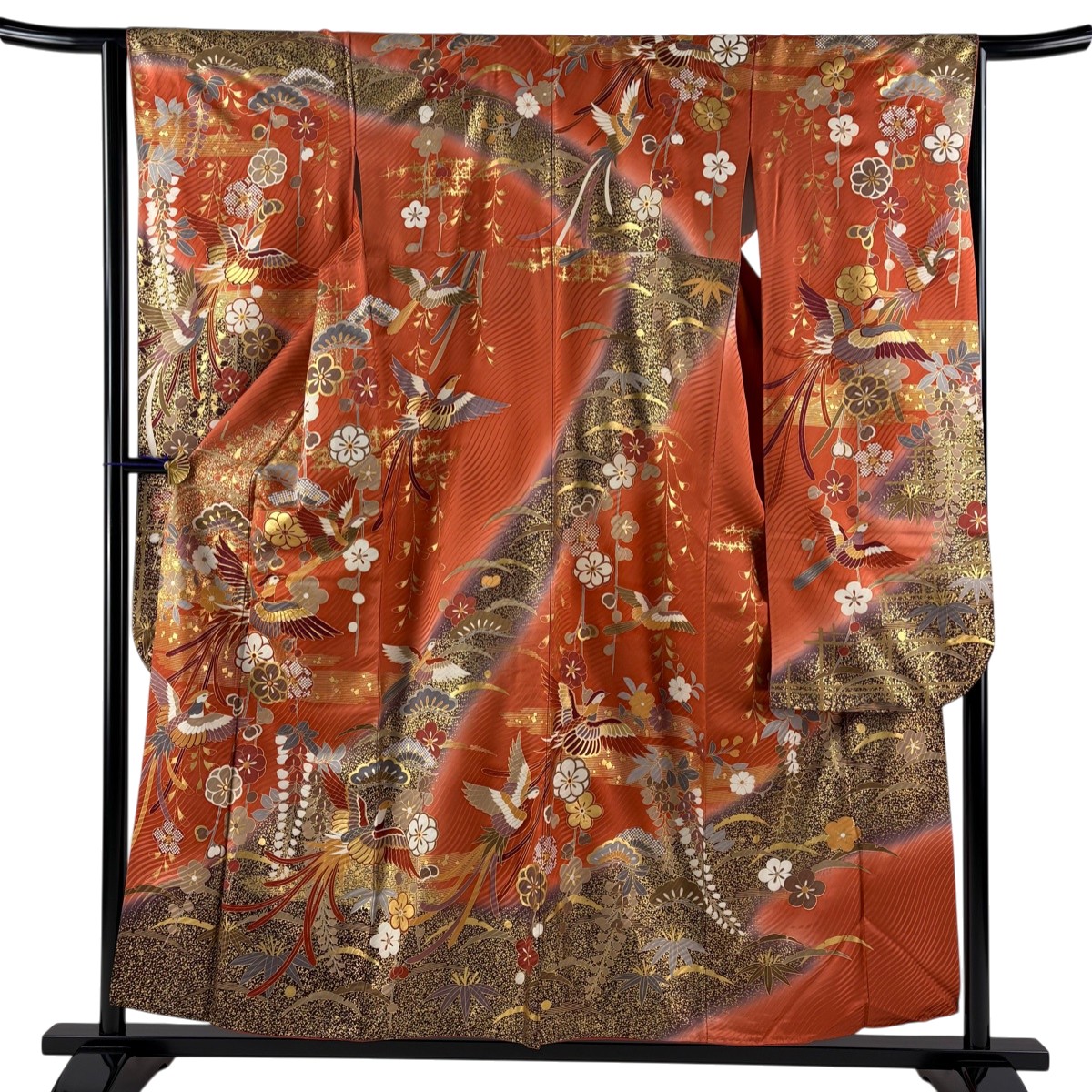 【美品】 振袖 身丈156cm 裄丈63.5cm S 袷 鳥 松竹梅 金糸 金彩 赤茶 正絹 秀品 【中古】