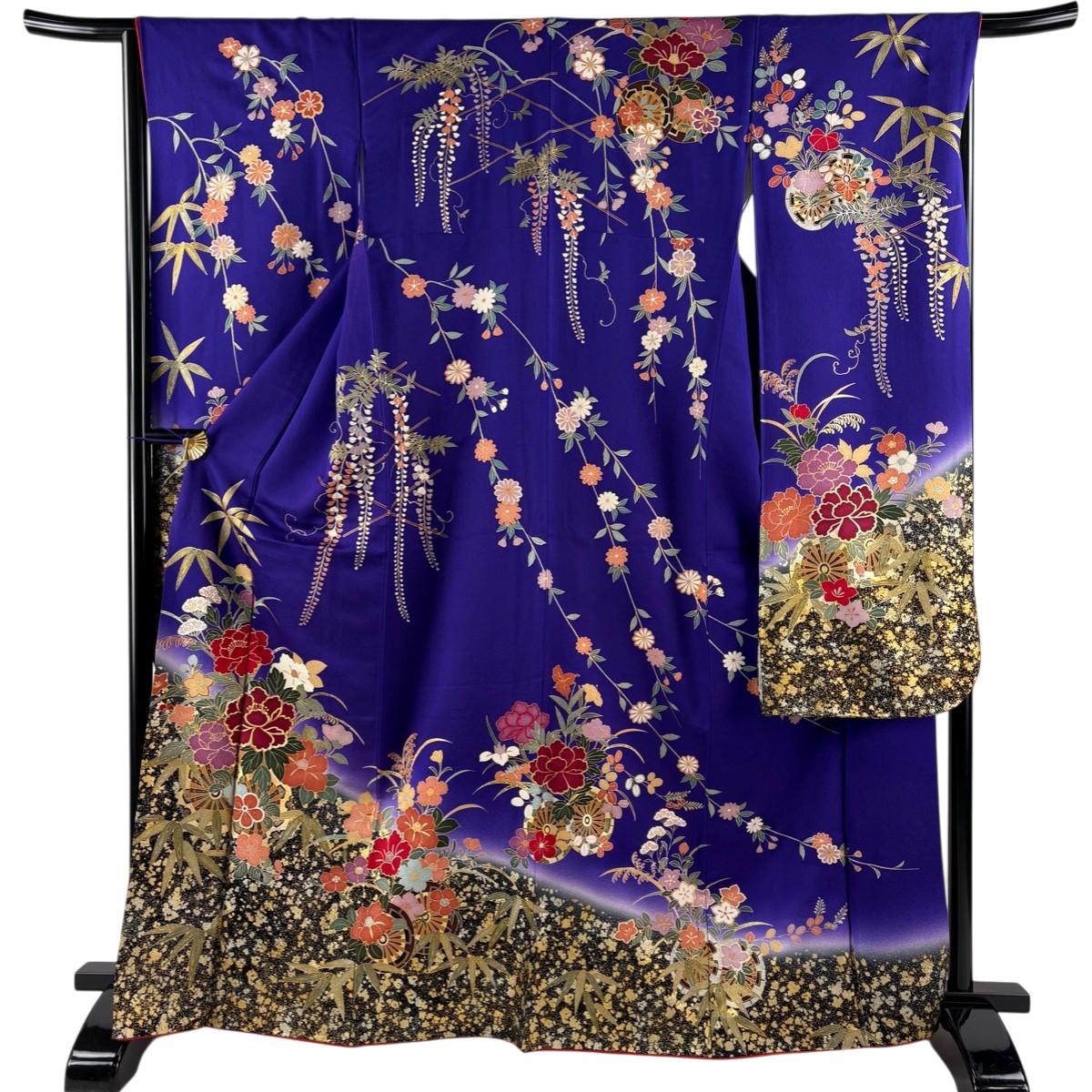 振袖 身丈167cm 裄丈66cm M 袷 花車 金糸 金彩 紫 正絹 秀品 【中古】