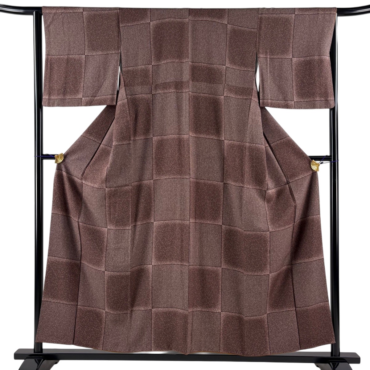 【美品】 小紋 身丈155cm 裄丈65cm M 袷 市松 疋田柄 小豆色 正絹 秀品 【中古】