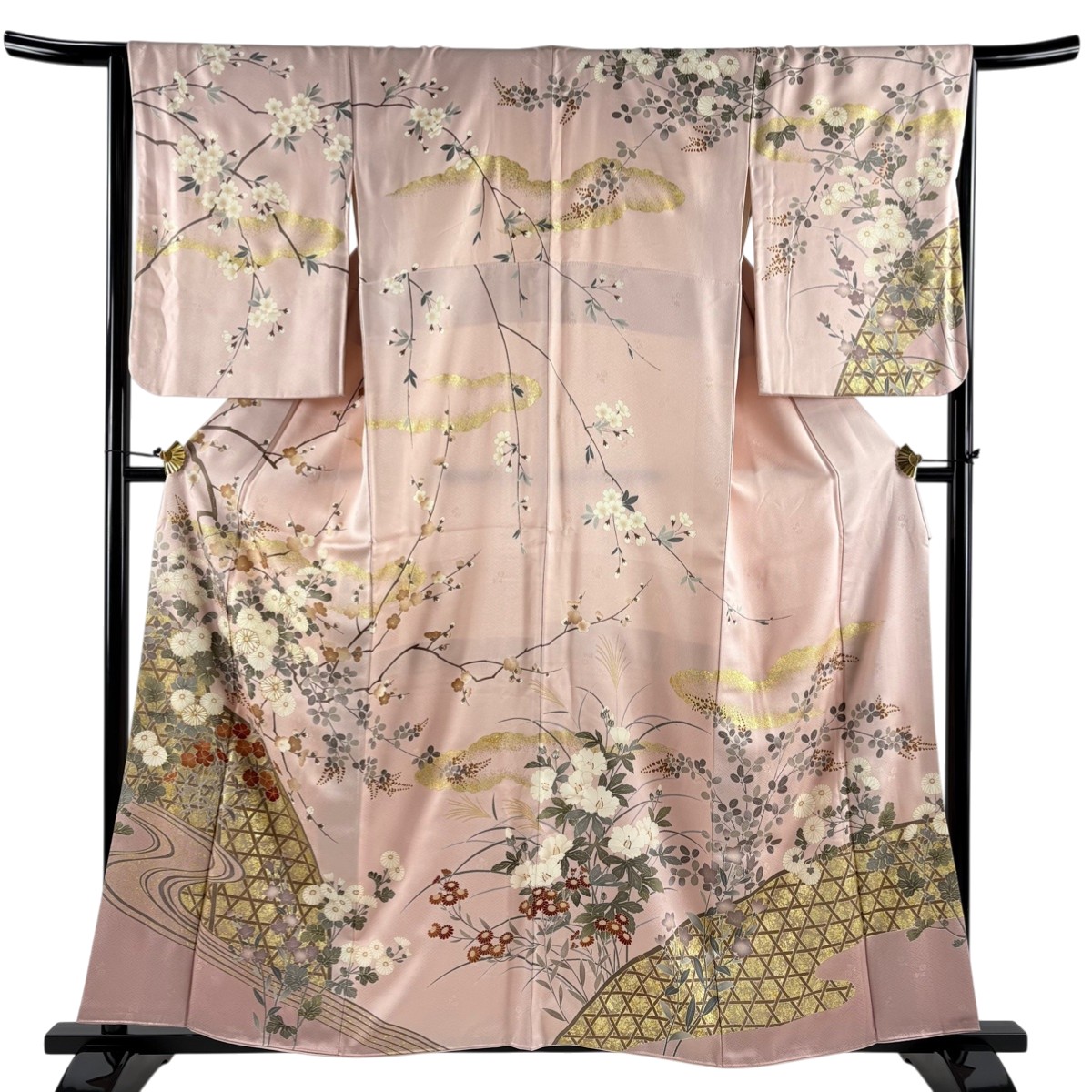 訪問着 身丈160cm 裄丈65.5cm M 袷 菊 枝梅 金糸 金彩 ピンク 正絹 秀品 【中古】