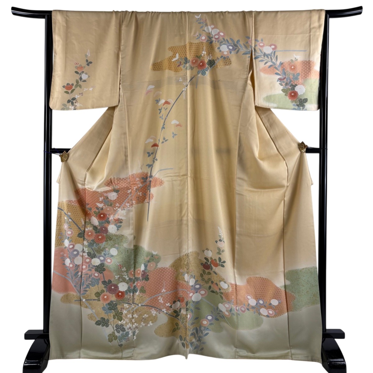 訪問着 身丈169cm 裄丈67.5cm M 袷 菊 霞 金彩 染め分け 薄オレンジ 正絹 秀品 【中古】