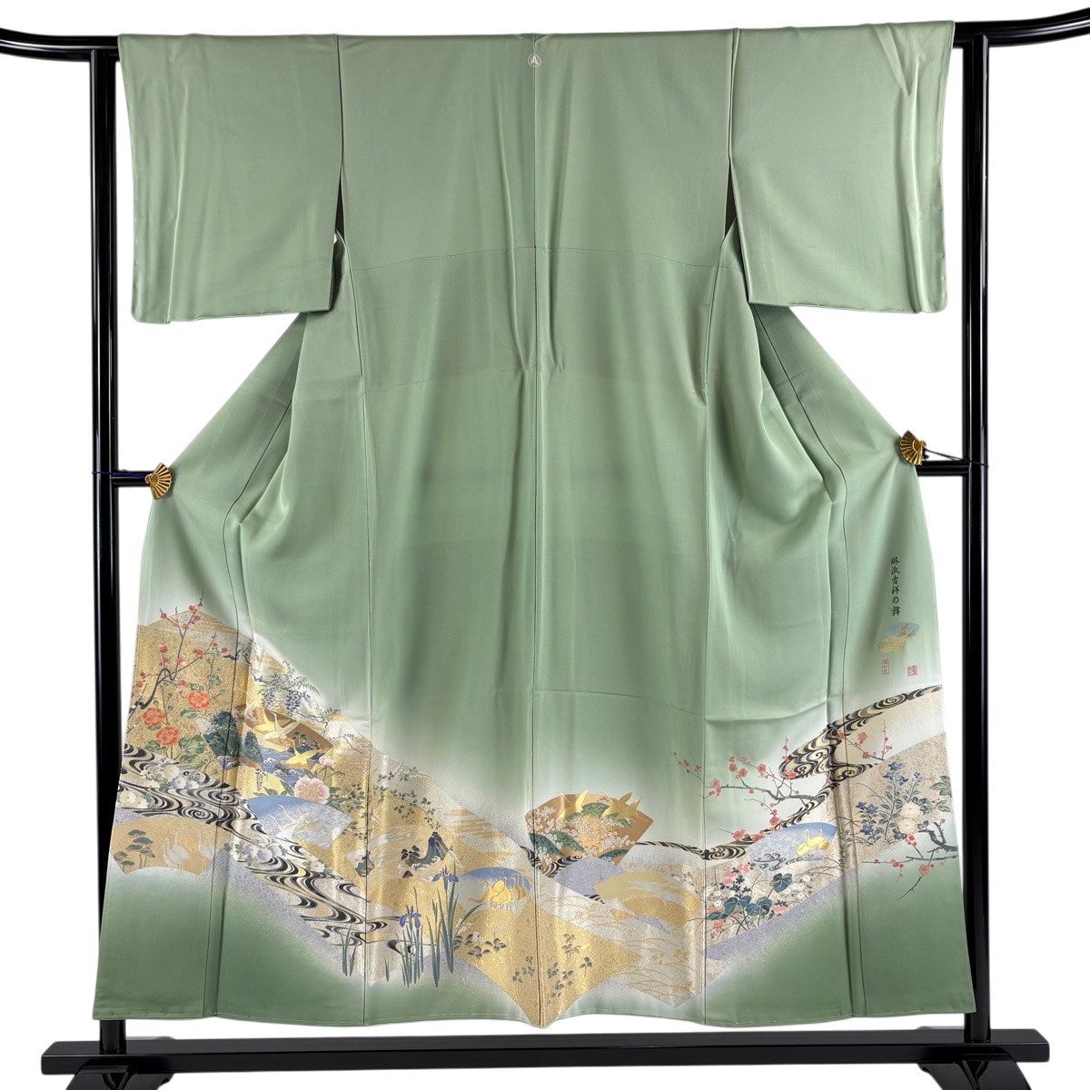 色留袖 身丈152.5cm 裄丈61cm S 袷 落款あり 鳥 草花 金銀糸 ぼかし 薄緑 正絹 秀品 一つ紋 【中古】