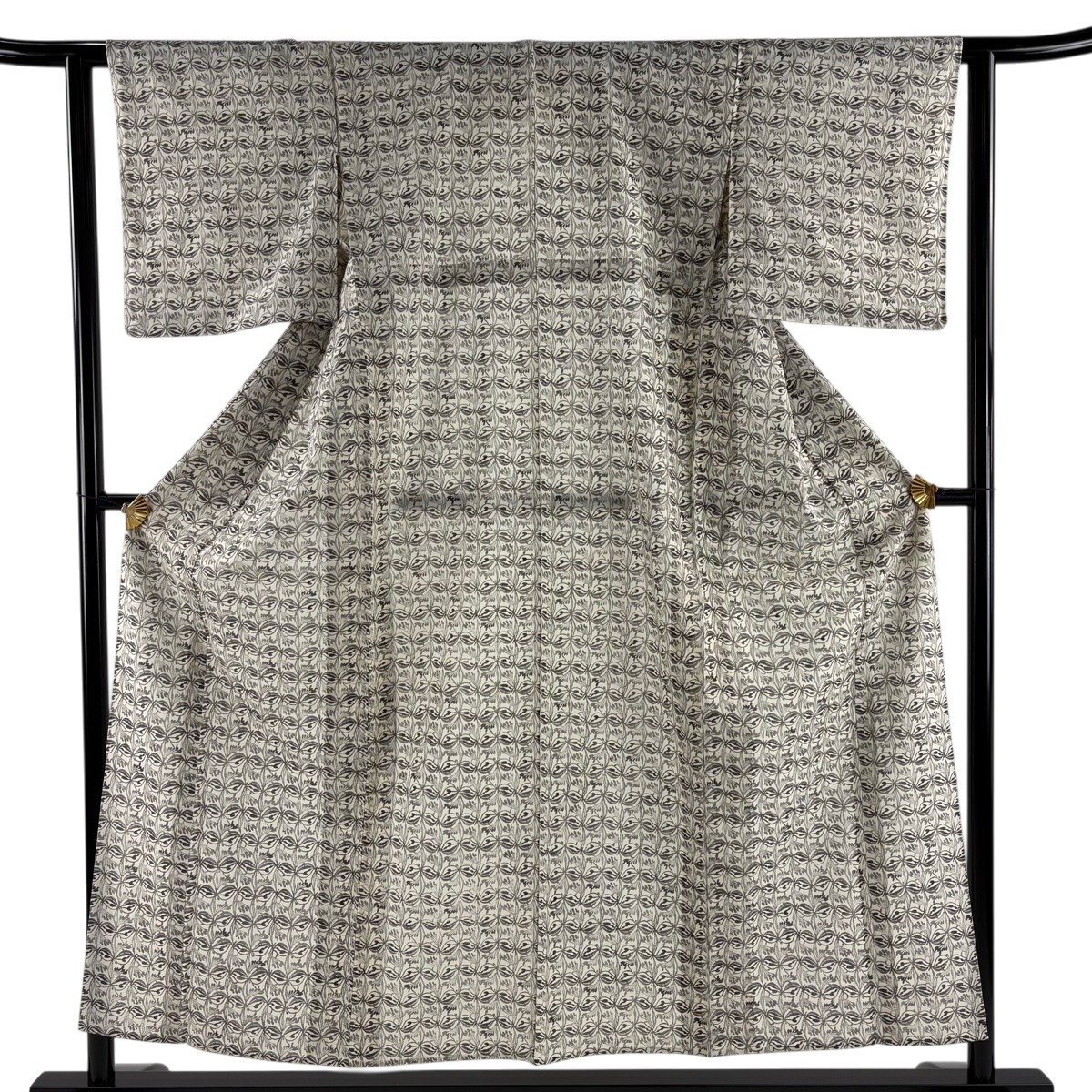 【美品】 小紋 身丈155cm 裄丈61.5cm S 薄物 絽 草花 灰白 正絹 名品 【中古】