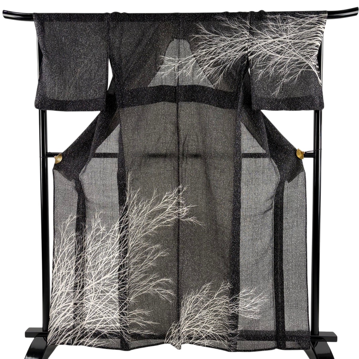 訪問着 身丈163.5cm 裄丈70cm L 薄物 夏紬地 樹木 黒 正絹 名品 【中古】