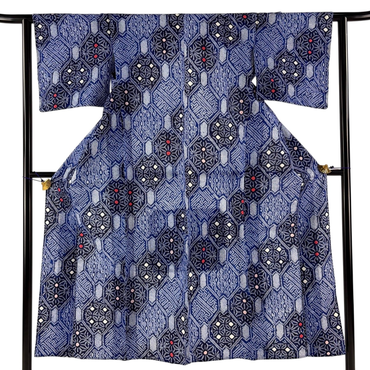 浴衣 身丈145cm 裄丈61cm S 絞り浴衣 花柄 幾何学 青 綿 名品 【中古】