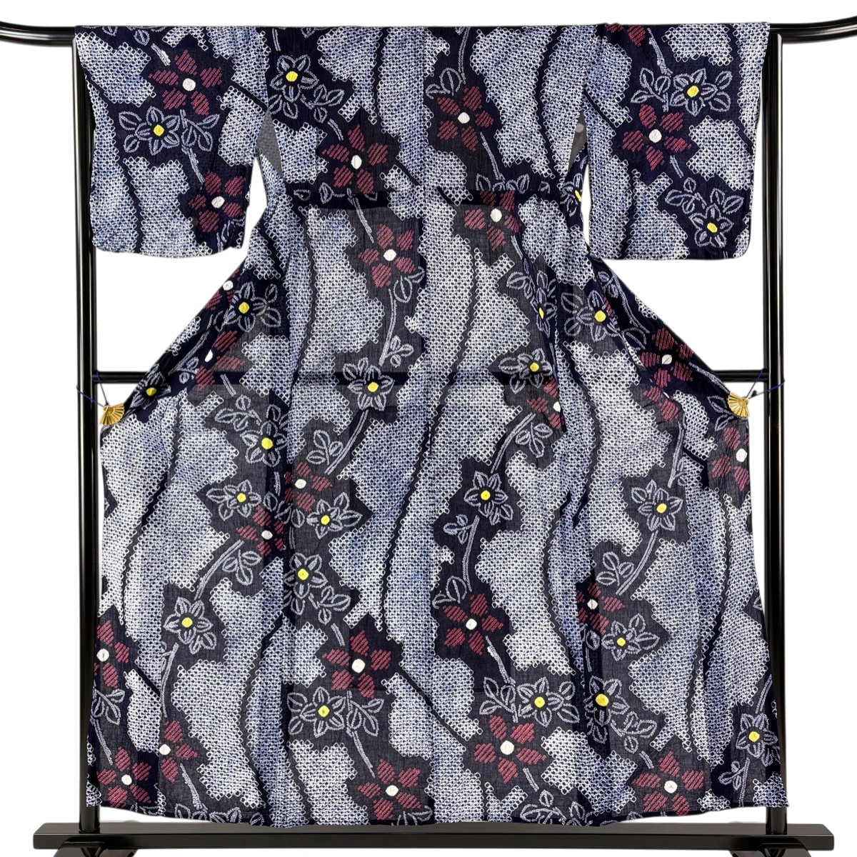 浴衣 身丈155cm 裄丈64cm M 絞り浴衣 草花 紺色 綿 名品 【中古】