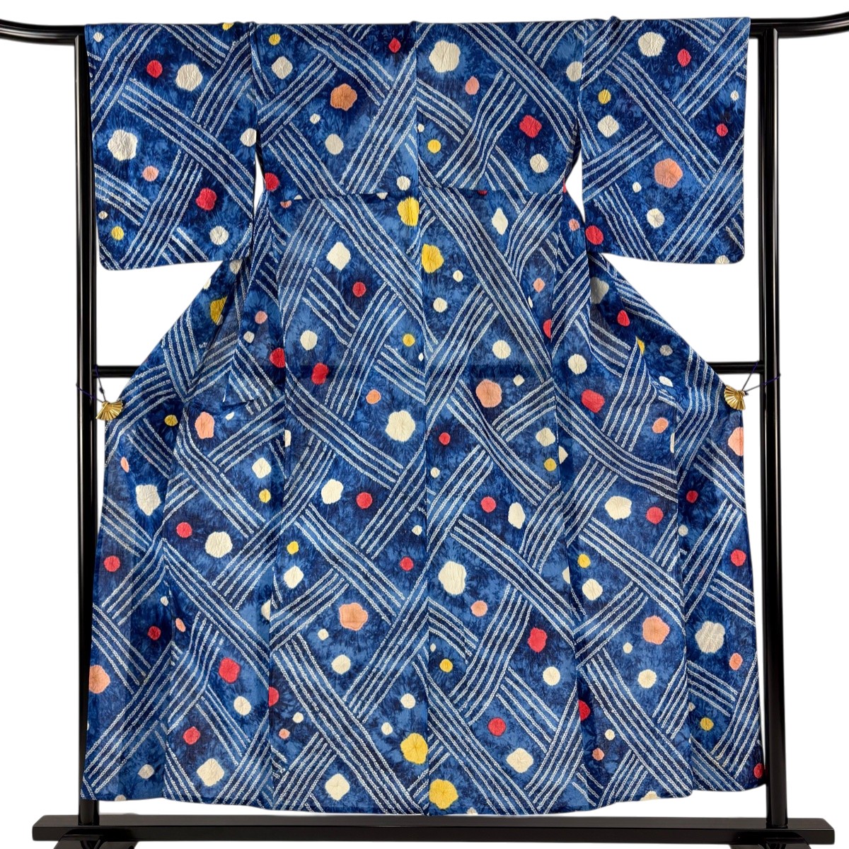 浴衣 身丈158cm 裄丈62cm S 絞り浴衣 花 幾何学 青 綿 名品 【中古】