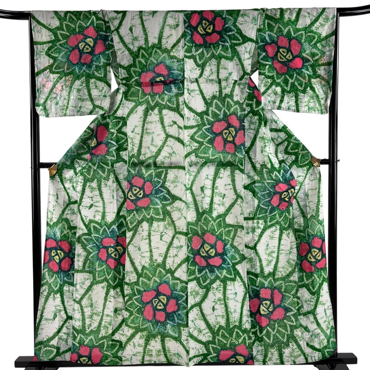 浴衣 身丈157cm 裄丈67cm M 絞り浴衣 花 緑 綿 名品 【中古】
