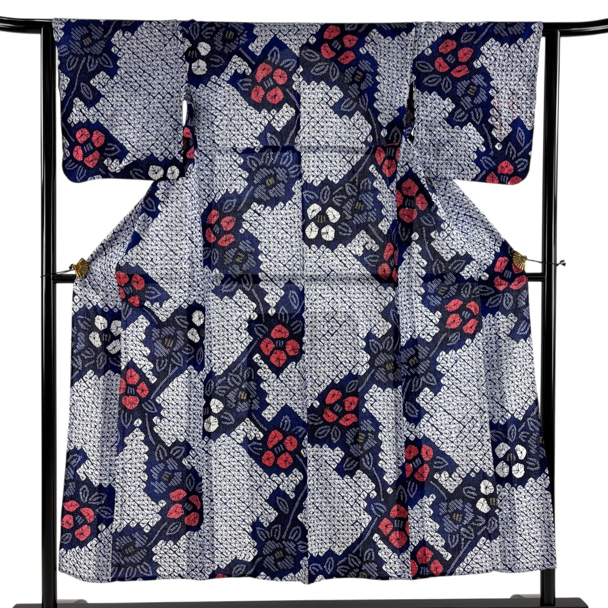 【美品】 浴衣 身丈150.5cm 裄丈63.5cm S 絞り浴衣 草花 紺色 綿 名品 【中古】