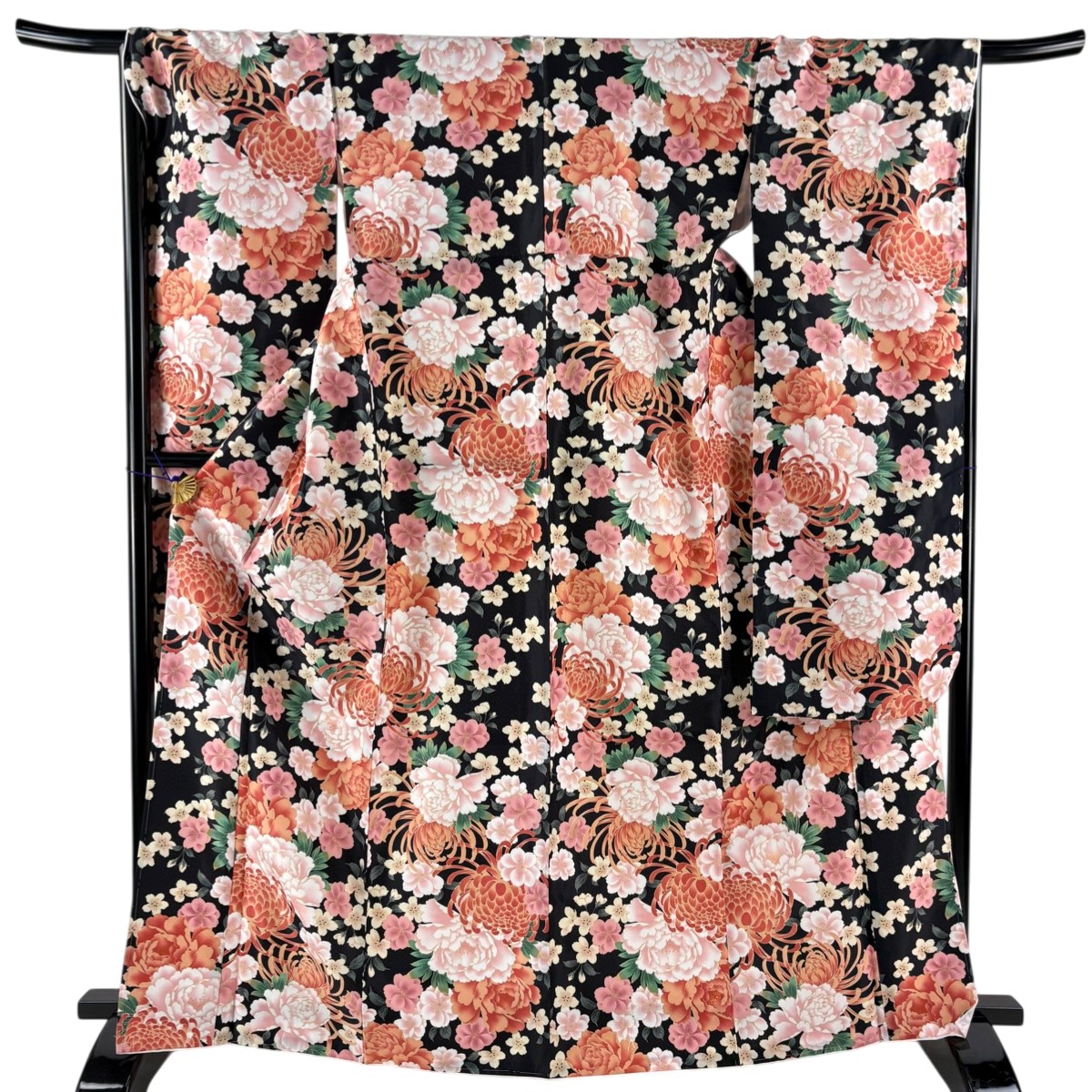 【美品】 振袖 身丈167cm 裄丈68cm L 袷 菊 牡丹 金彩 黒 化繊 優品 【中古】