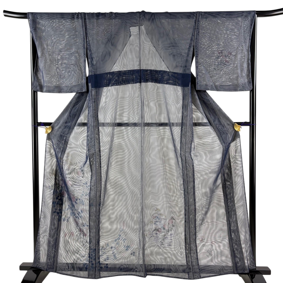 付下げ 身丈162cm 裄丈66cm M 紗袷 秋草 紺色 正絹 名品 【中古】
