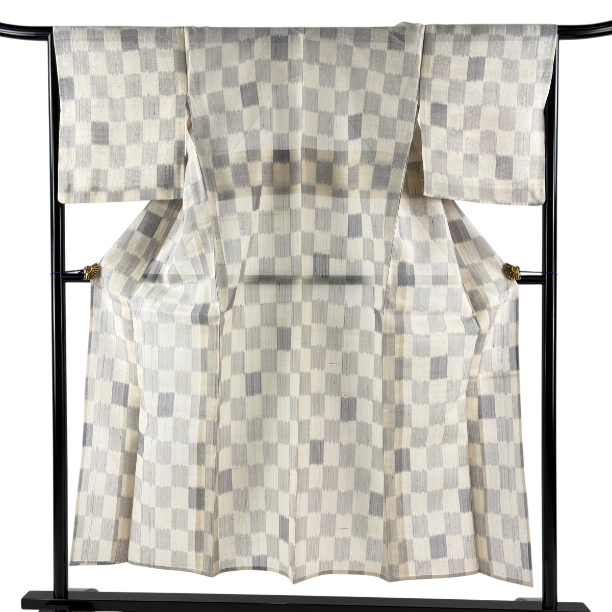 紬 身丈151cm 裄丈66.5cm M 薄物 変わり市松 ベージュ 正絹 名品 【中古】