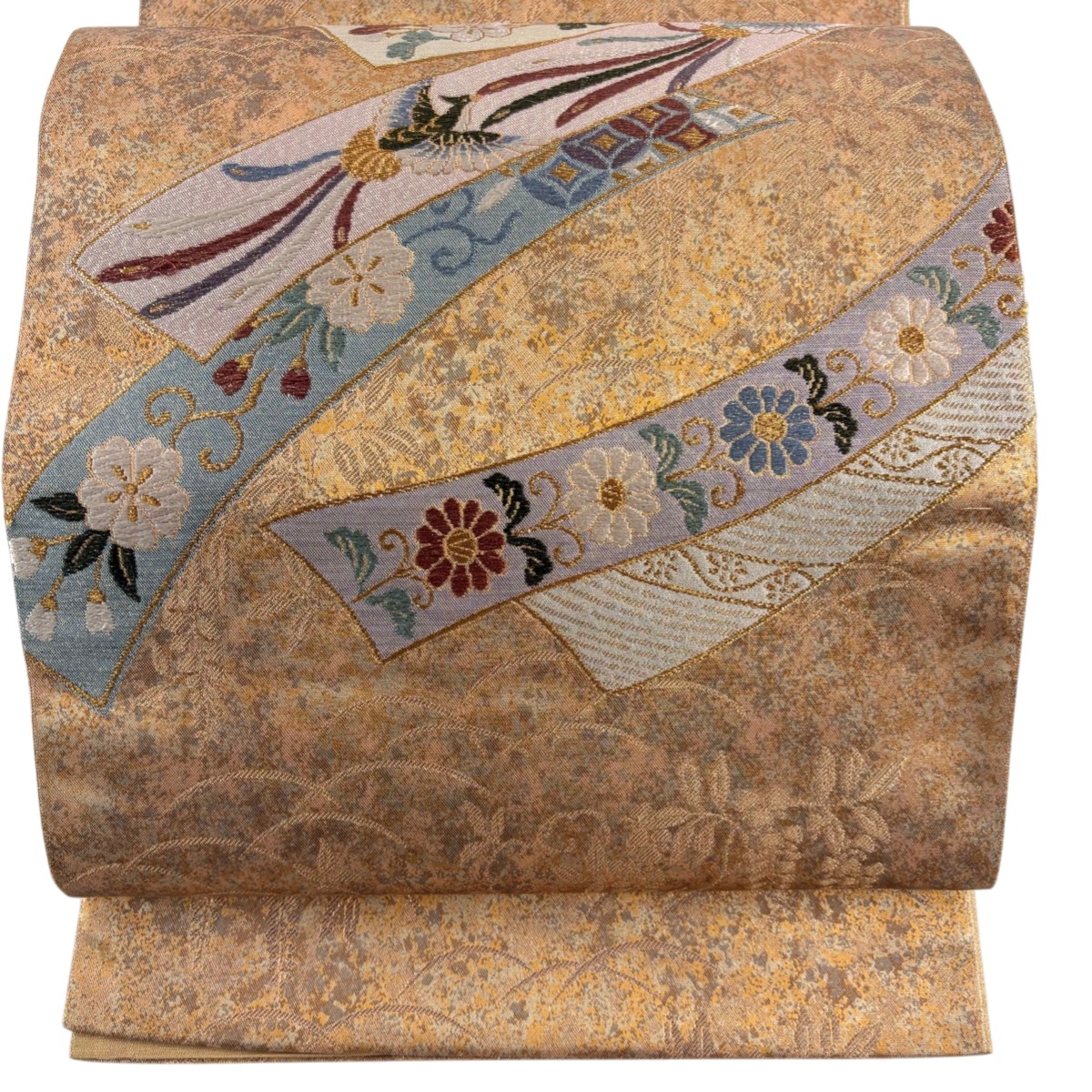 【美品】 袋帯 秀品 短冊 花鳥 金糸 箔 薄オレンジ お太鼓柄 正絹 【中古】