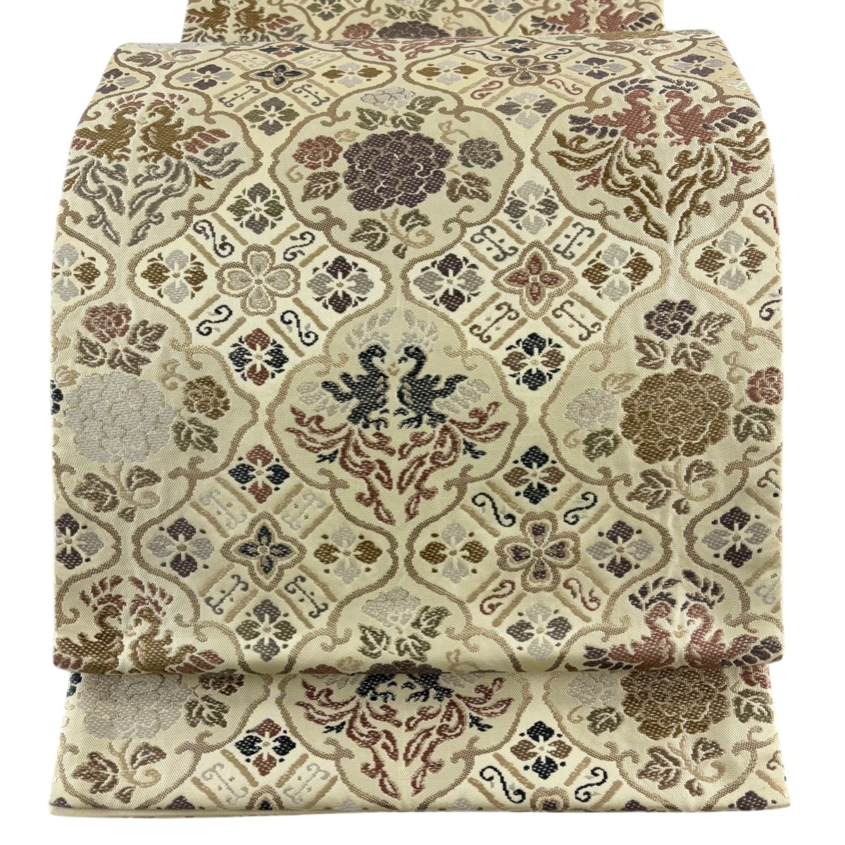【美品】 袋帯 秀品 向かい鳥 草花 箔 刺繍 ベージュ 六通 正絹 【中古】