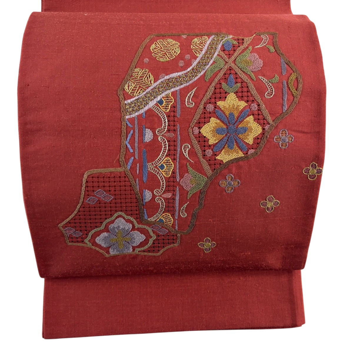 【美品】 袋帯 秀品 紬地 草花 花菱 相良刺繍 刺繍 赤茶 お太鼓柄 正絹 【中古】