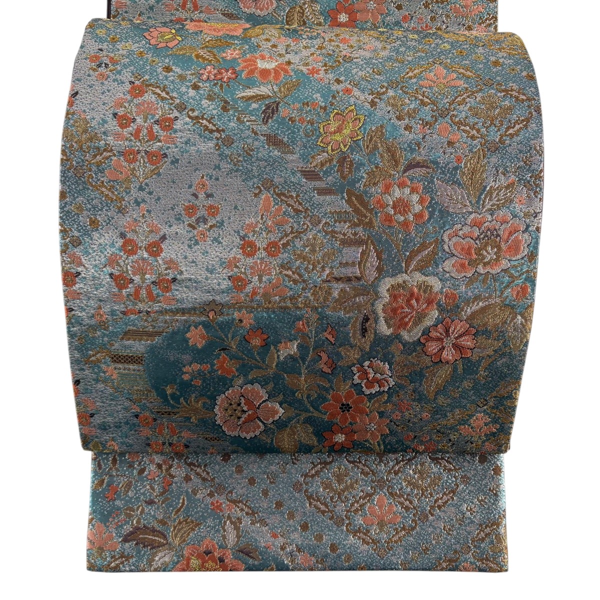【美品】 袋帯 秀品 草花 金銀糸 箔 青緑 六通 正絹 【中古】