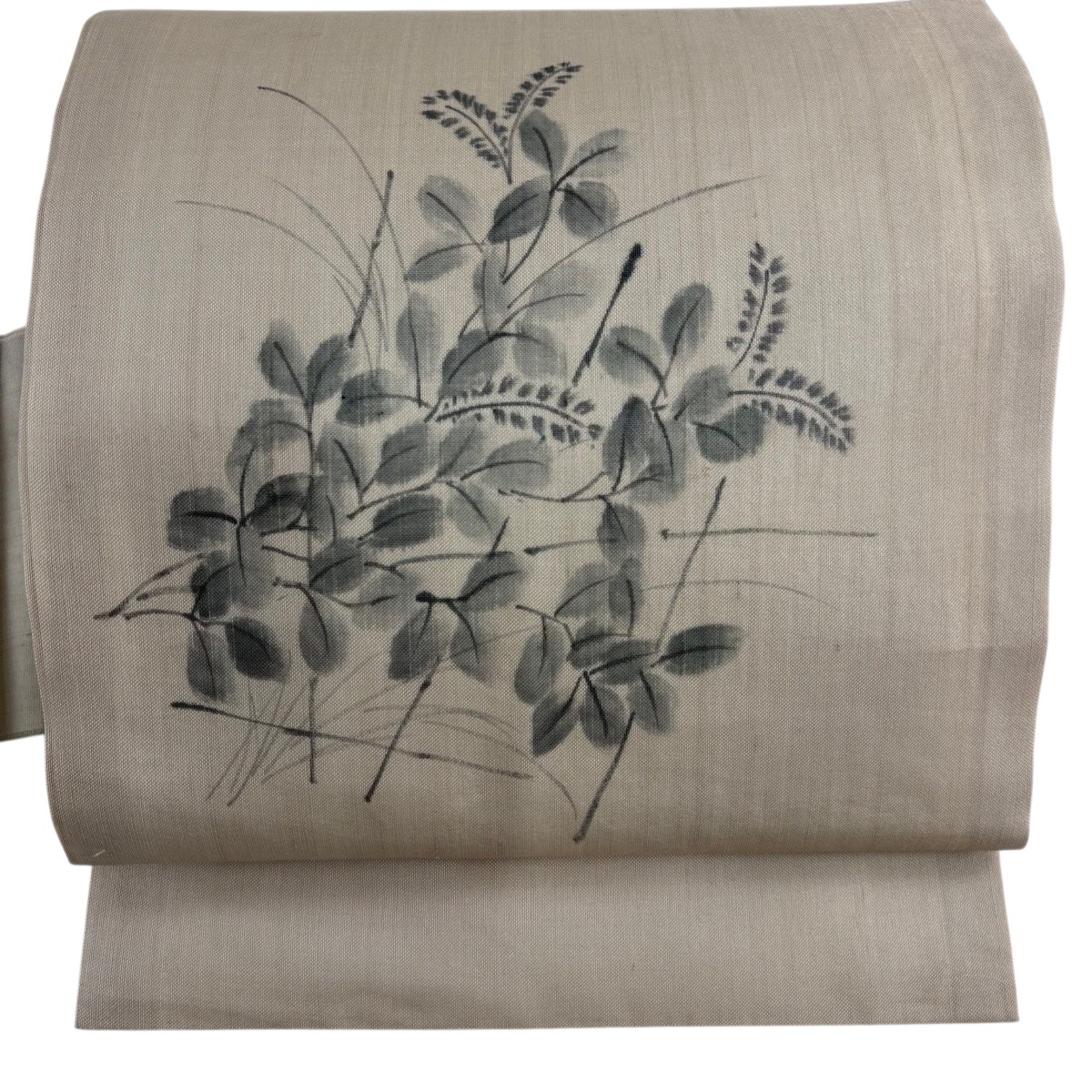 【美品】 名古屋帯 秀品 落款あり 夏紬 草花 薄茶色 正絹 【中古】