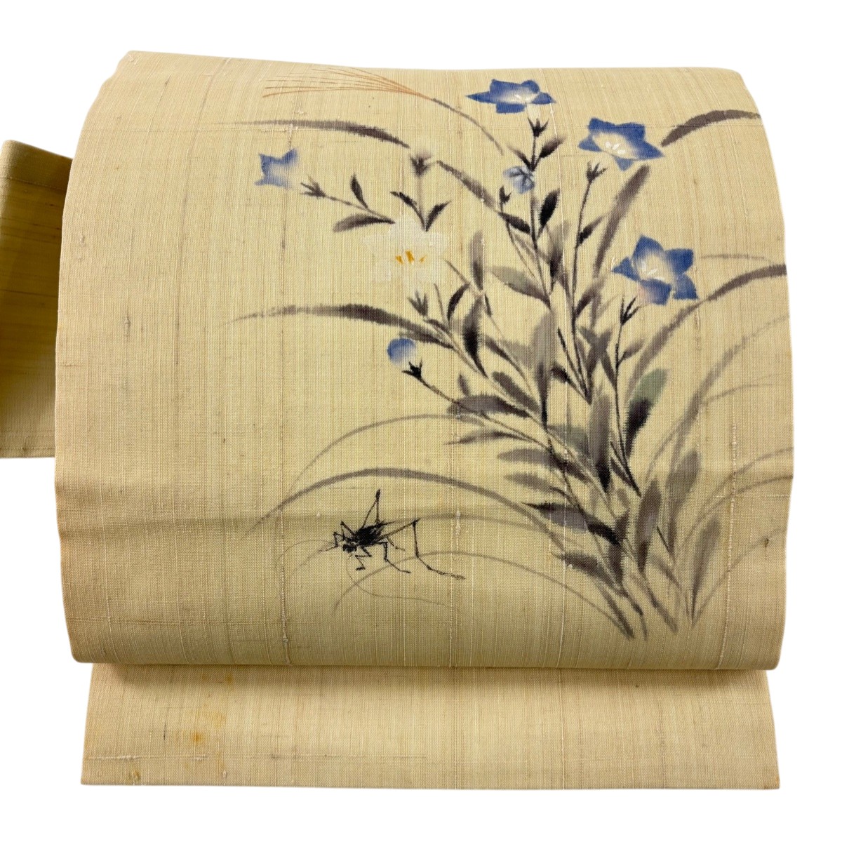名古屋帯 秀品 夏紬地 桔梗 鈴虫 ベージュ 正絹 【中古】