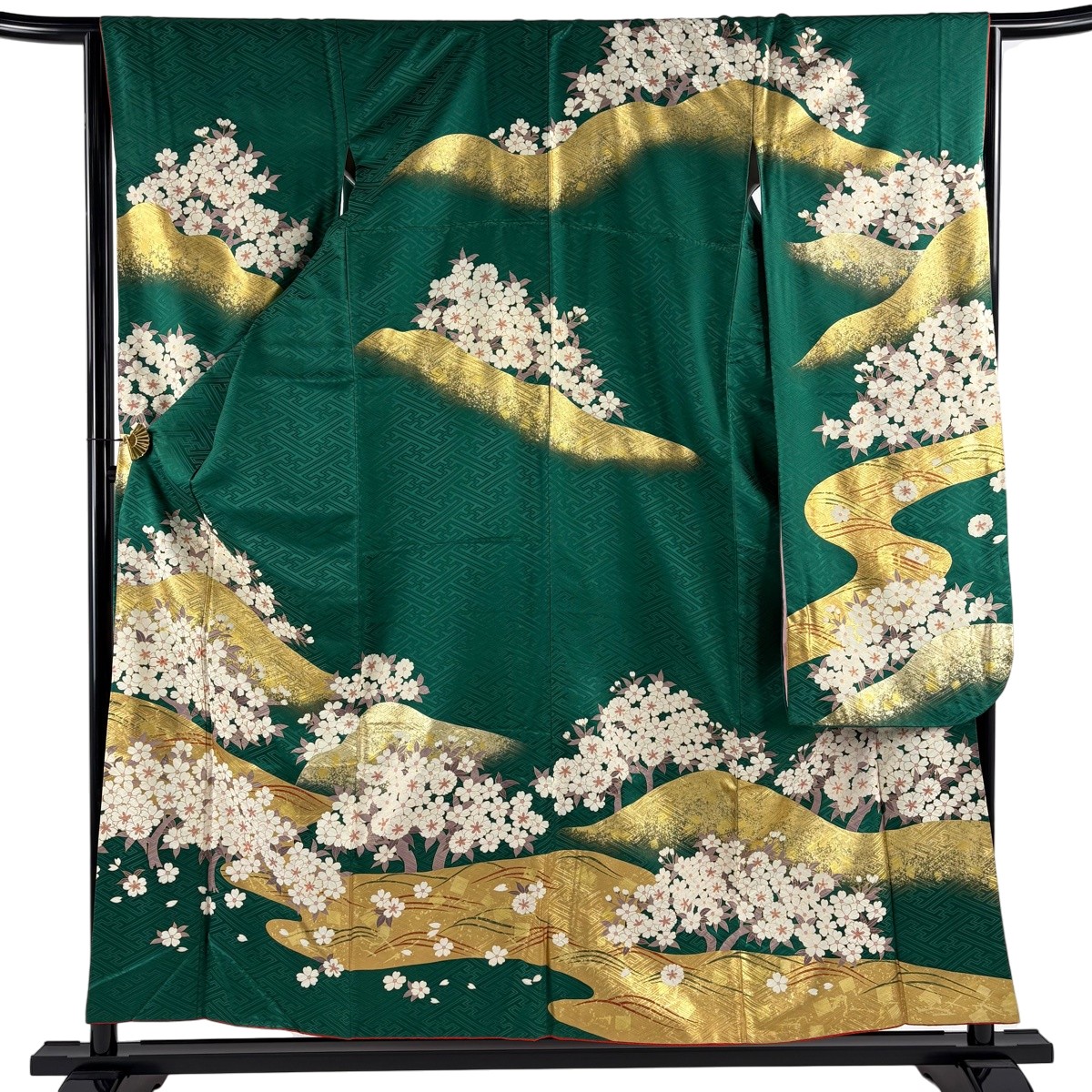 【美品】 振袖 身丈156.5cm 裄丈64.5cm M 袷 桜 波 金糸 金彩 緑 正絹 秀品 【中古】
