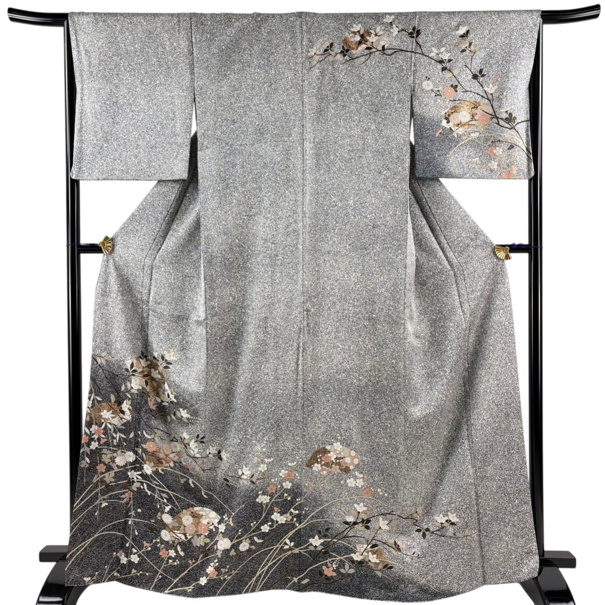 【美品】 訪問着 身丈166cm 裄丈66.5cm M 袷 扇面 枝花 金彩 ぼかし 灰色 正絹 秀品 【中古】