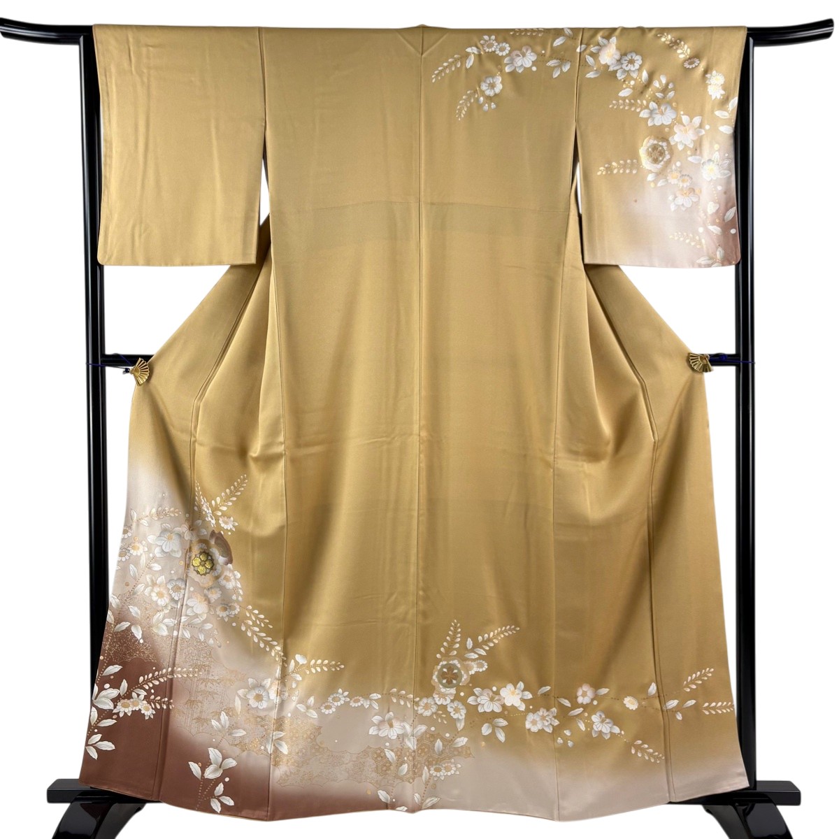 訪問着 身丈161cm 裄丈64cm M 袷 華文 草花 金銀彩 染め分け 黄土色 正絹 秀品 【中古】